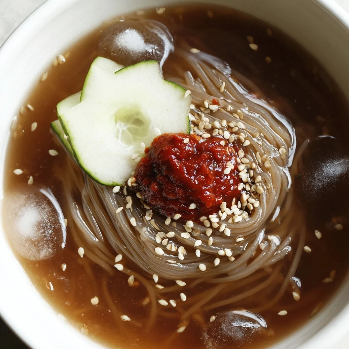 Chewy Korean naengmyeon cold noodle soup served in chilled tangy broth with crisp cucumber and Asian pear slices