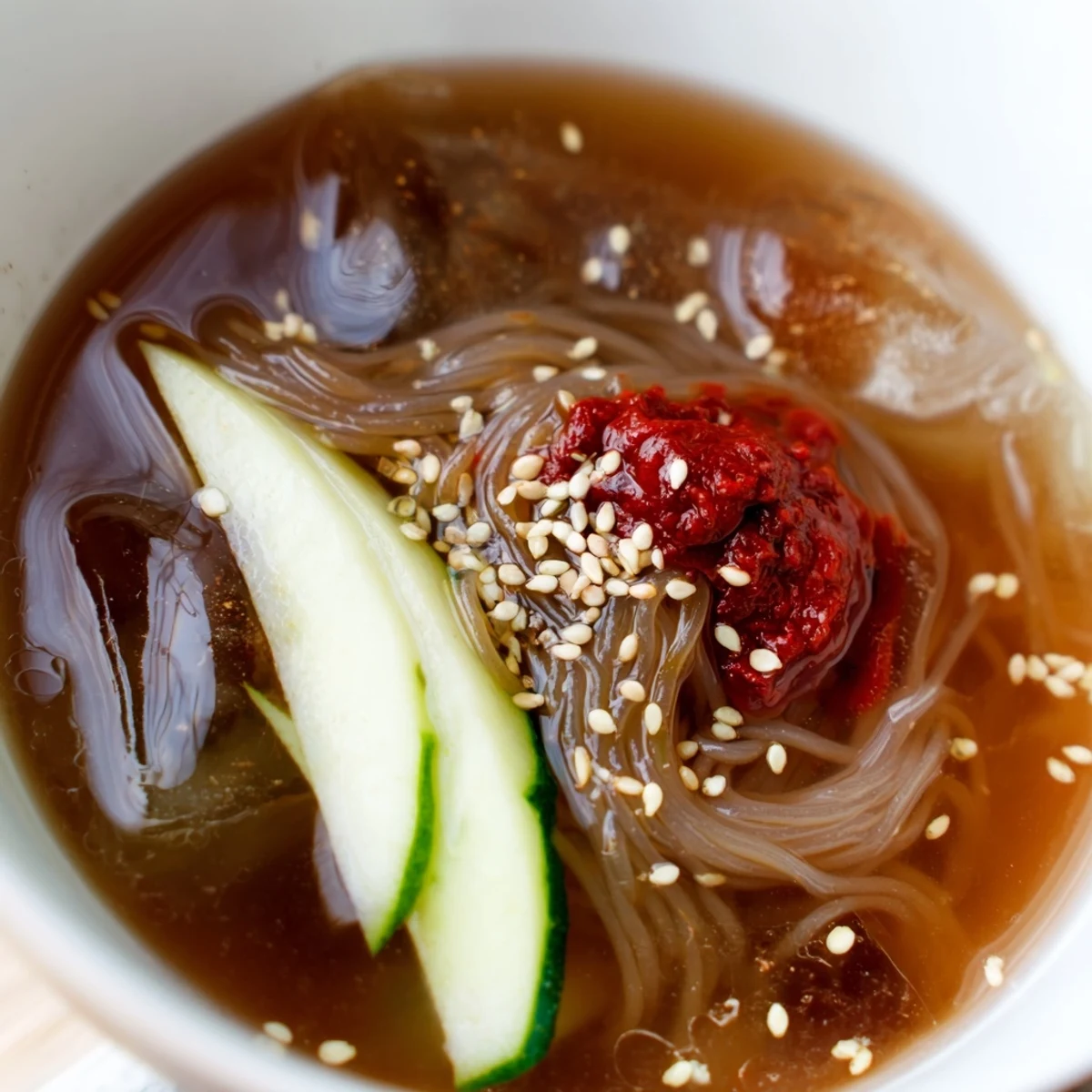 Buckwheat Korean naengmyeon cold noodle soup topped with sliced beef, halved egg, and ice cubes