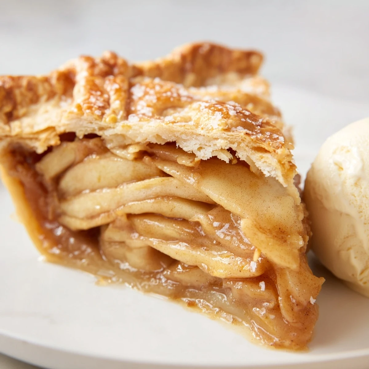 Golden homemade apple pie with flaky crust, fresh from the oven on a rustic ceramic dish