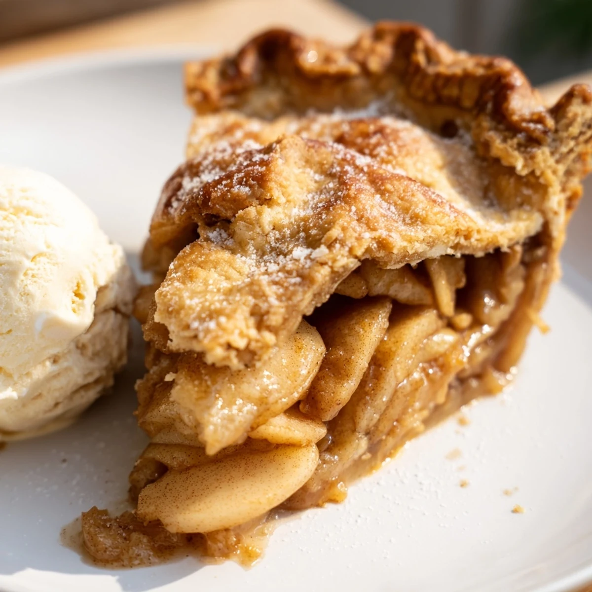 Warm apple pie slice revealing tender cinnamon spiced apples under a buttery golden lattice crust