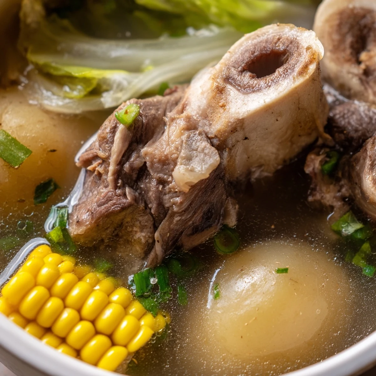 Steaming bowl of Filipino Bulalo with tender beef shank and fresh vegetables in golden broth