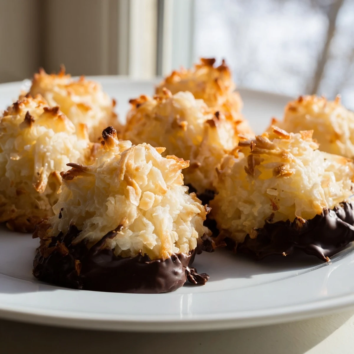 Golden chewy coconut macaroons with crispy edges stacked on a white serving plate