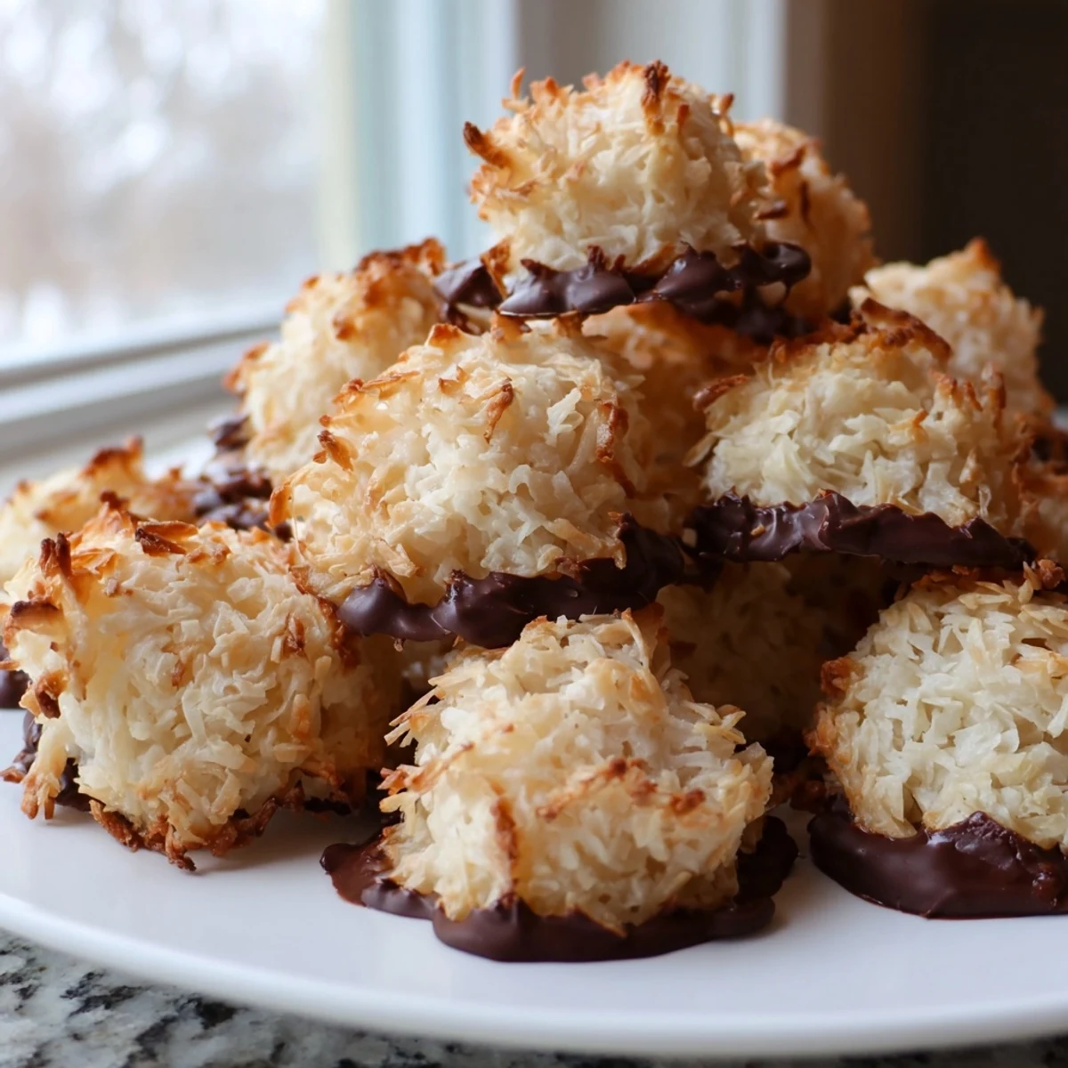 Rustic chewy coconut macaroons arranged on parchment paper with delicate crispy texture