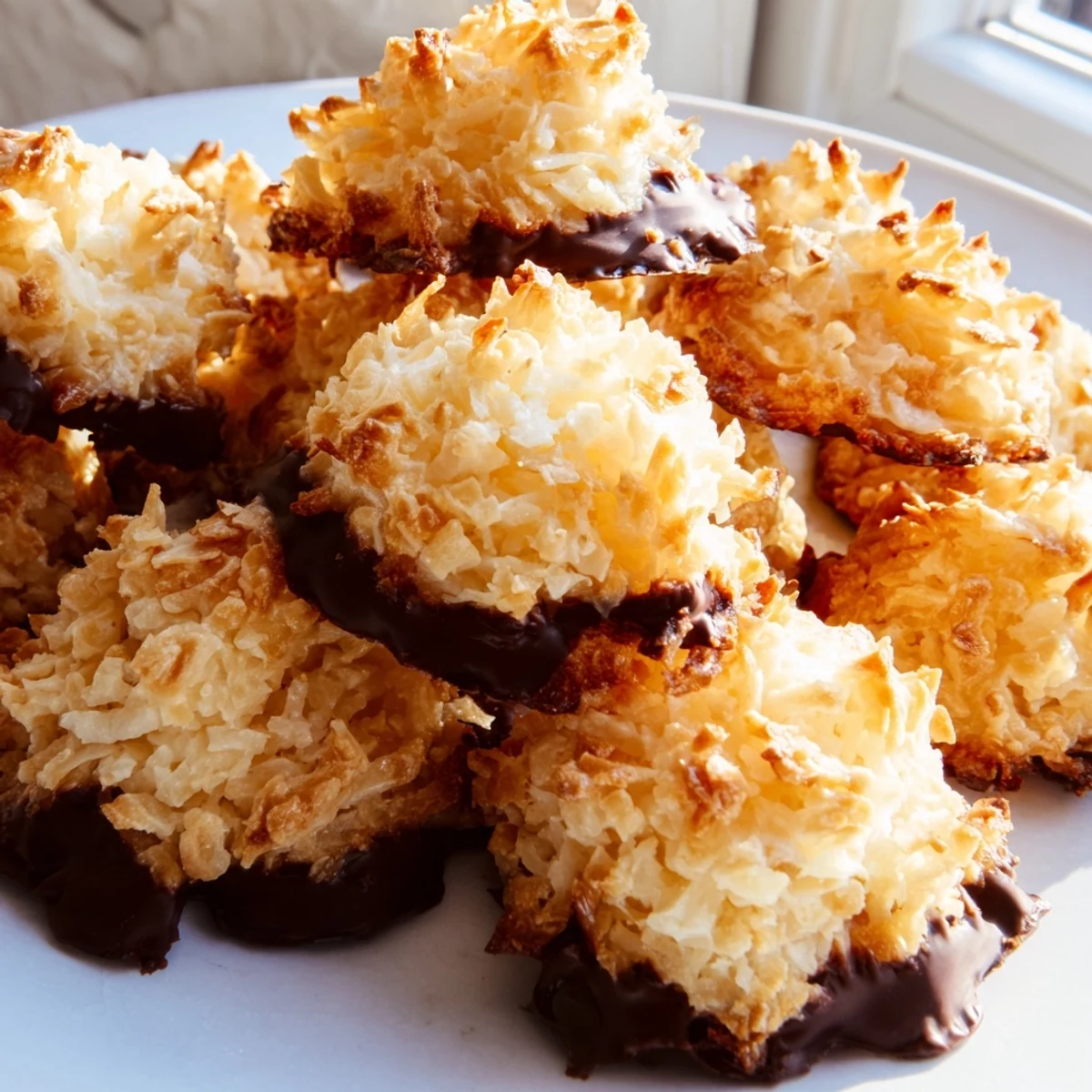 Chewy coconut macaroons fresh from the oven showcasing toasted golden brown exteriors