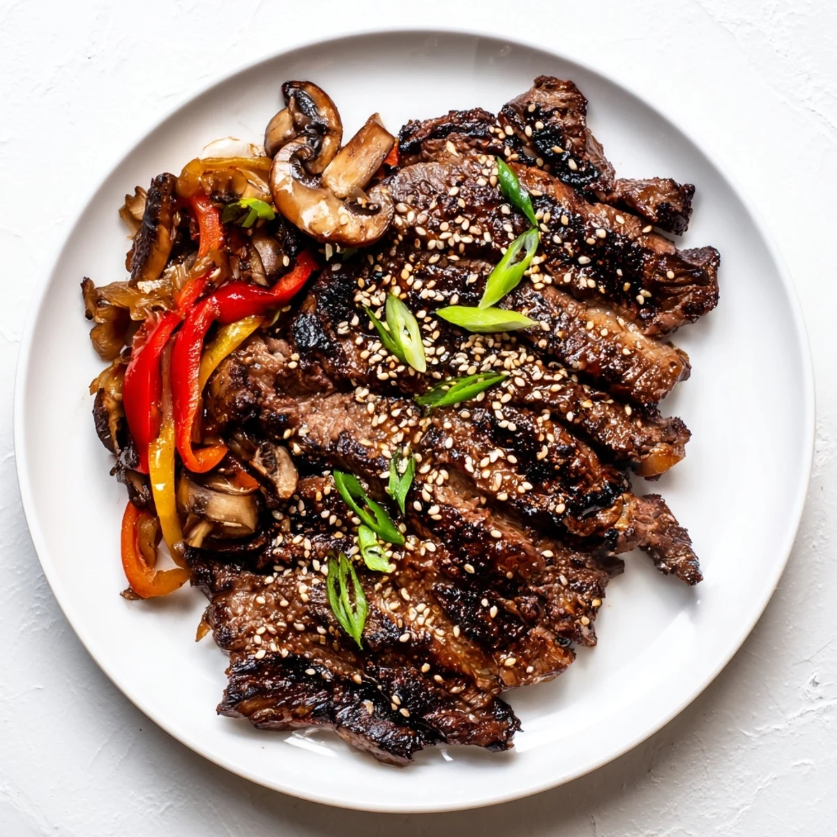 Beef Yakiniku sizzling on a grill pan with caramelized edges and colorful vegetables