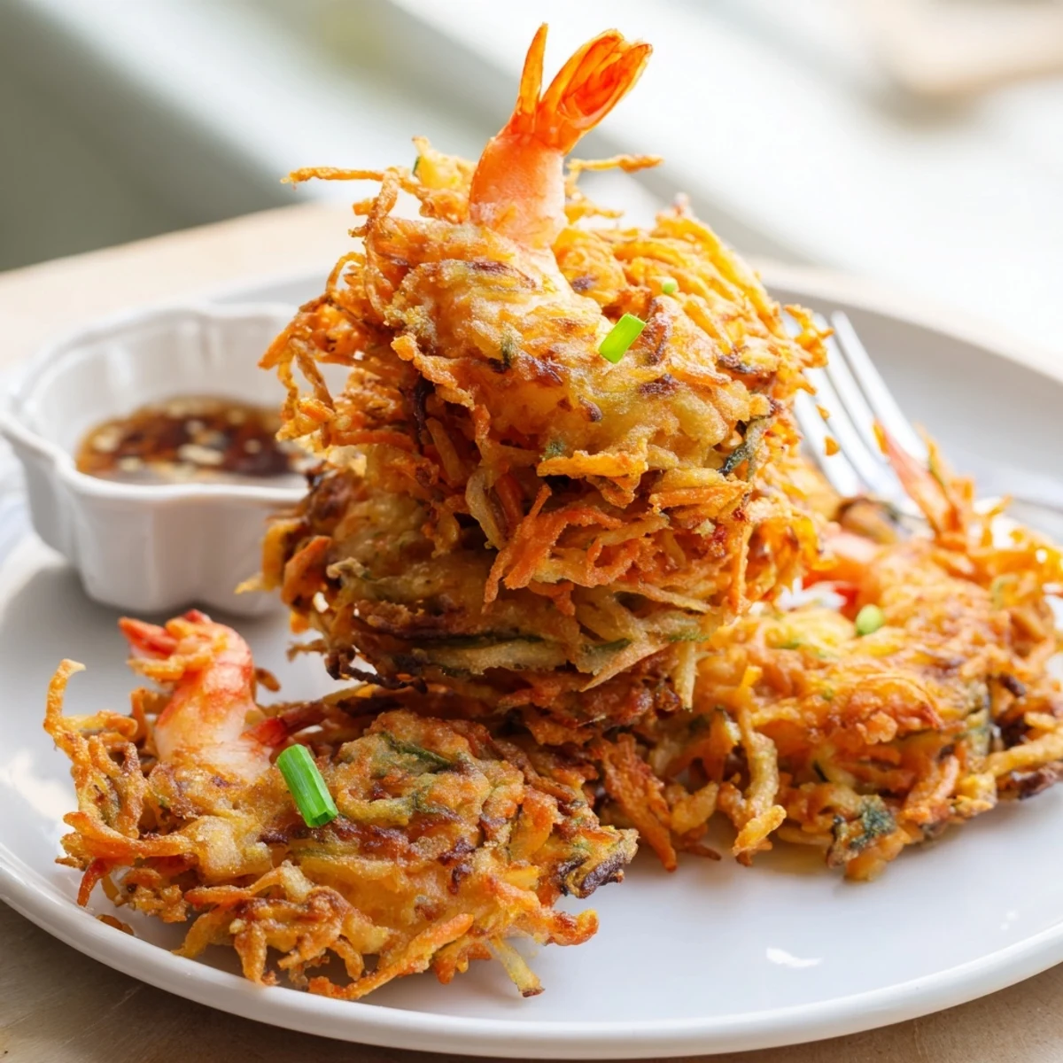 Golden crispy Ukoy Filipino shrimp fritters served with tangy vinegar garlic dipping sauce
