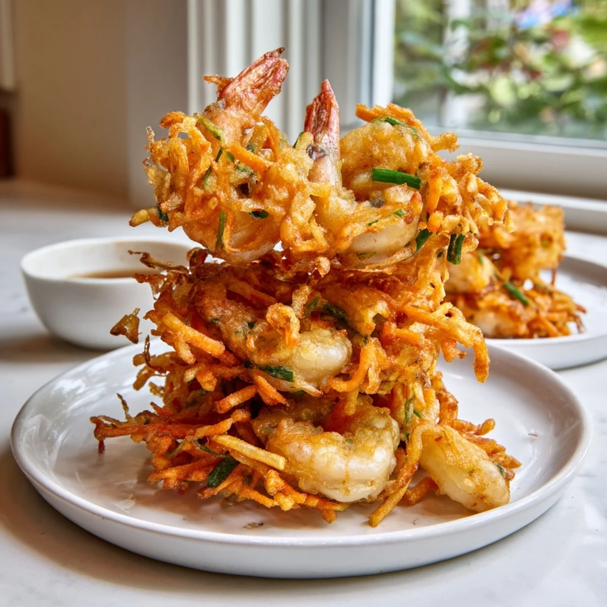 Ukoy Filipino shrimp fritters piled high on a white plate with sprouts