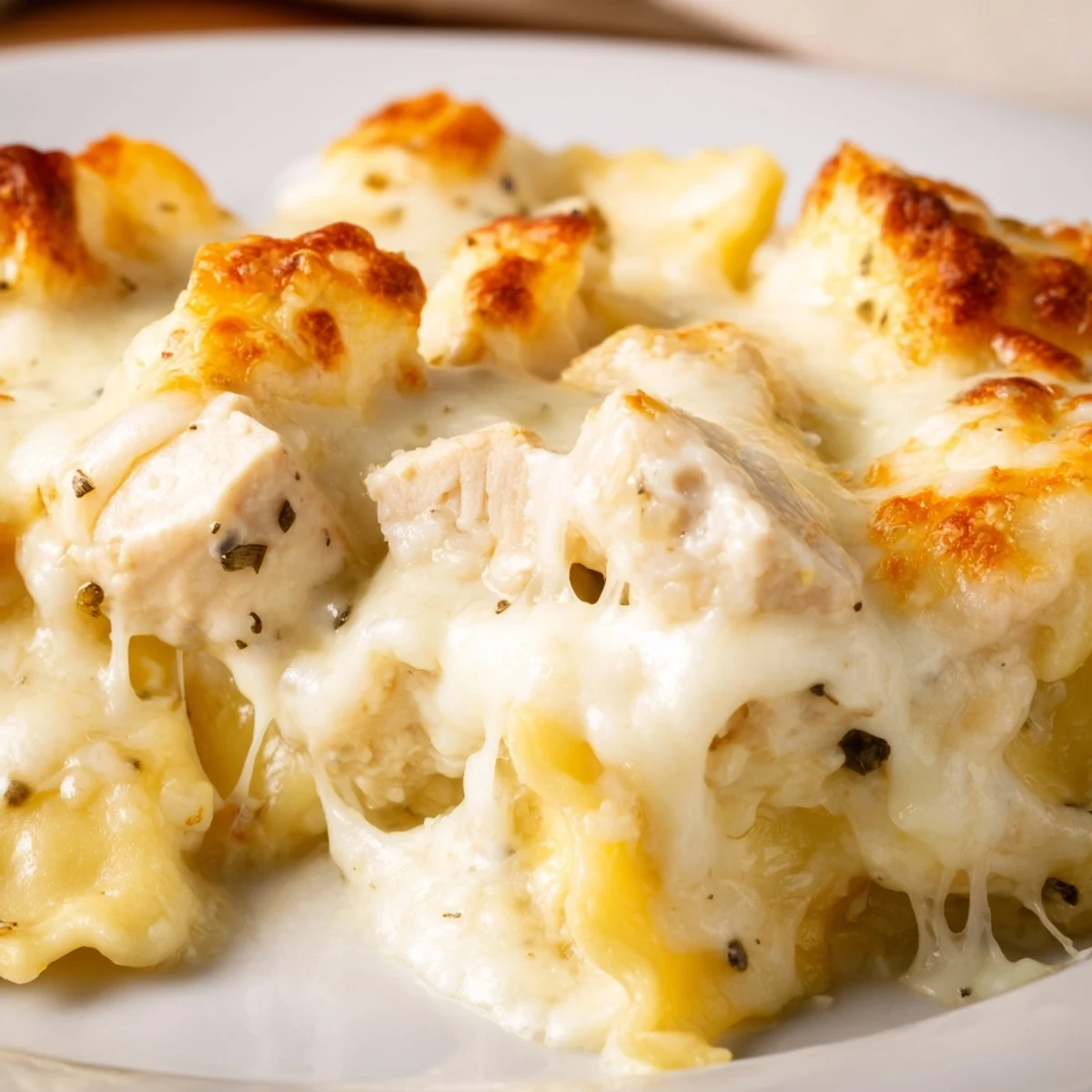 Creamy Chicken Alfredo Baked Ravioli bubbling with melted mozzarella in a golden casserole dish