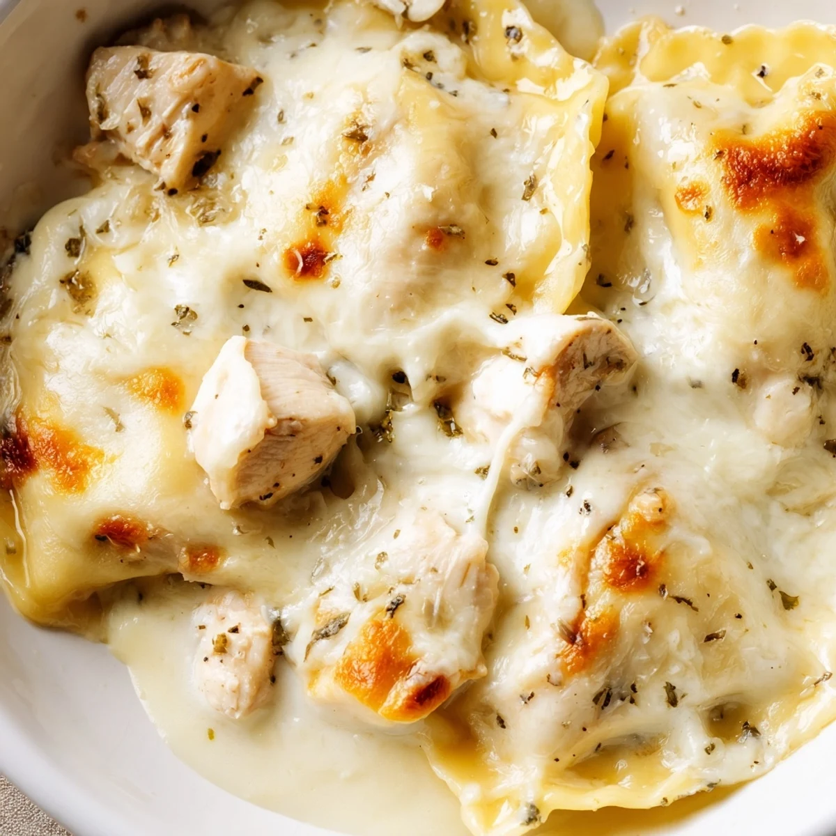 Golden bubbly Chicken Alfredo Baked Ravioli topped with melted cheese and fresh parsley garnish