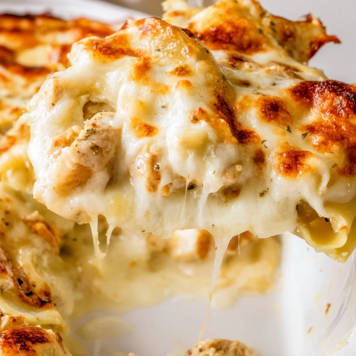Steaming scoop of Chicken Alfredo Baked Ravioli with gooey cheese sauce and tender pasta
