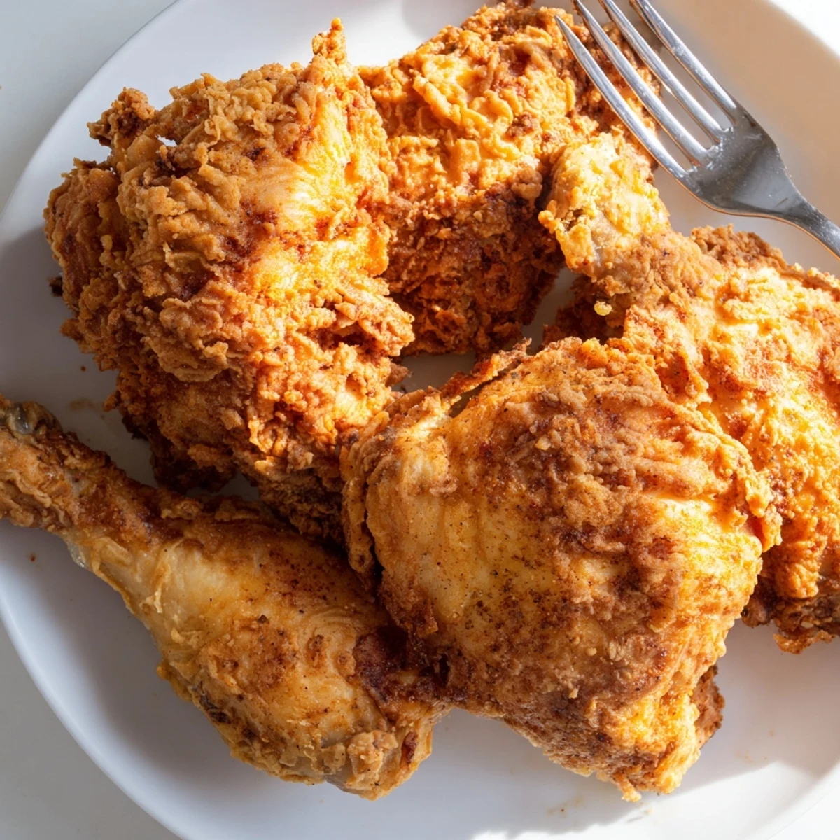 Crispy fried chicken with golden, crunchy coating served fresh from the fryer