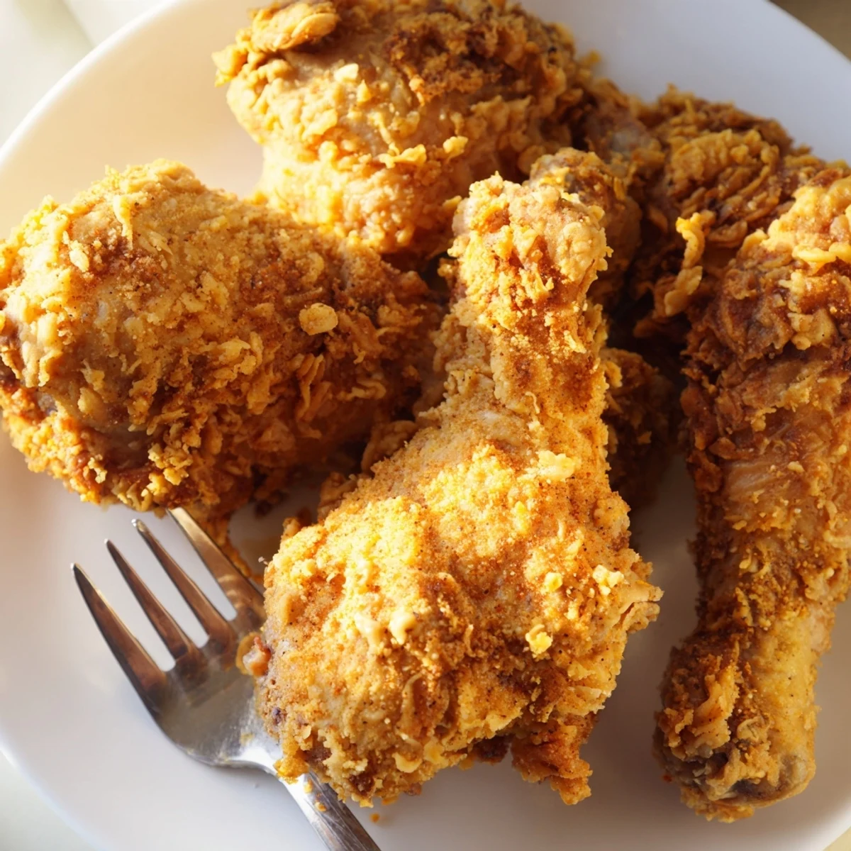 Golden fried chicken pieces with juicy interior arranged on a rustic serving platter