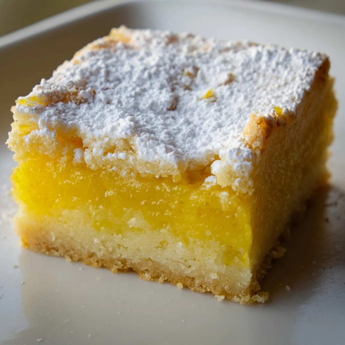 Golden lemon bars with powdered sugar dusting on a rustic white serving plate