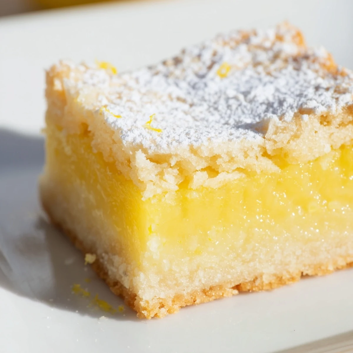 Tangy lemon bar squares with buttery shortbread crust cut on wooden cutting board