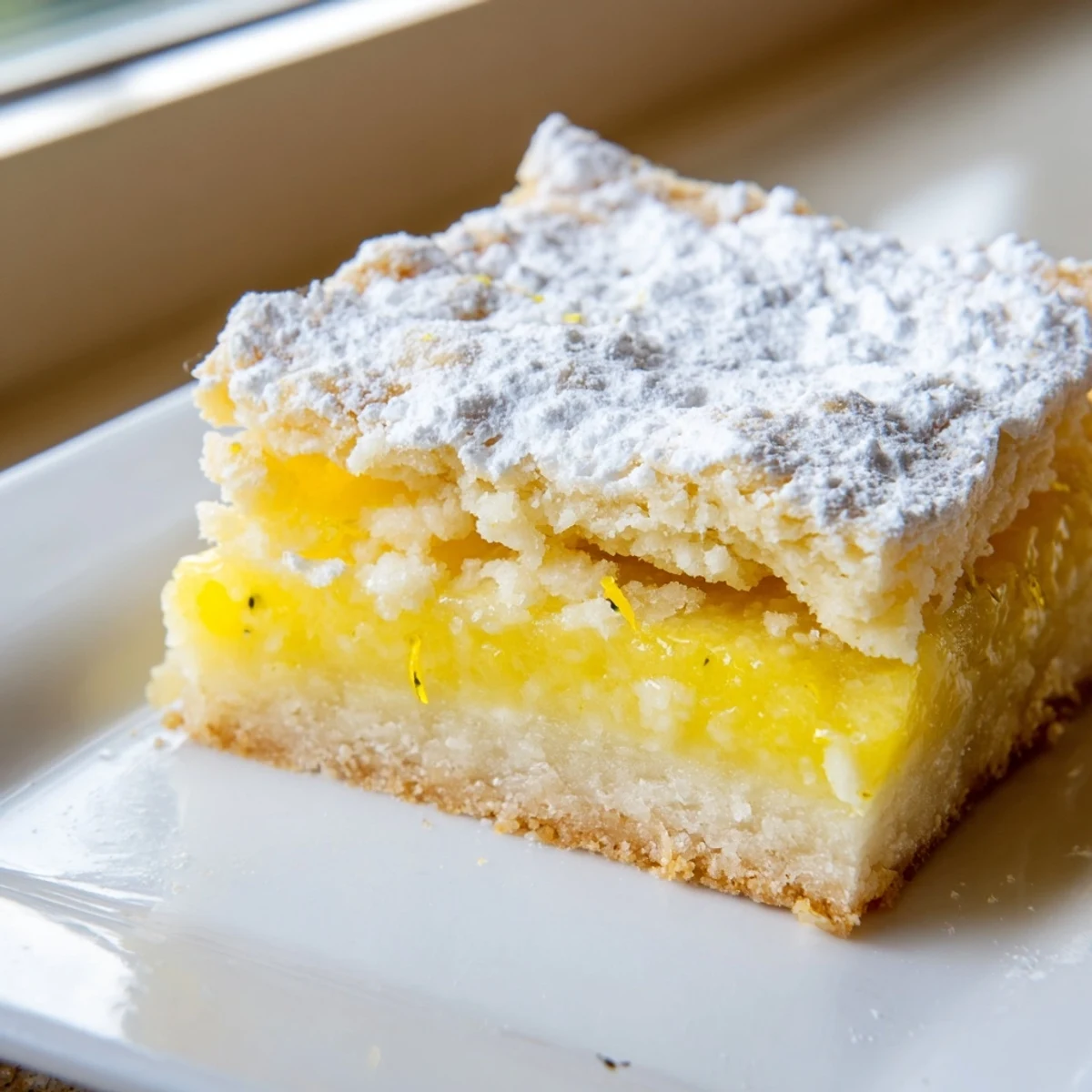 Bright yellow lemon bars topped with snowy powdered sugar arranged on ceramic platter