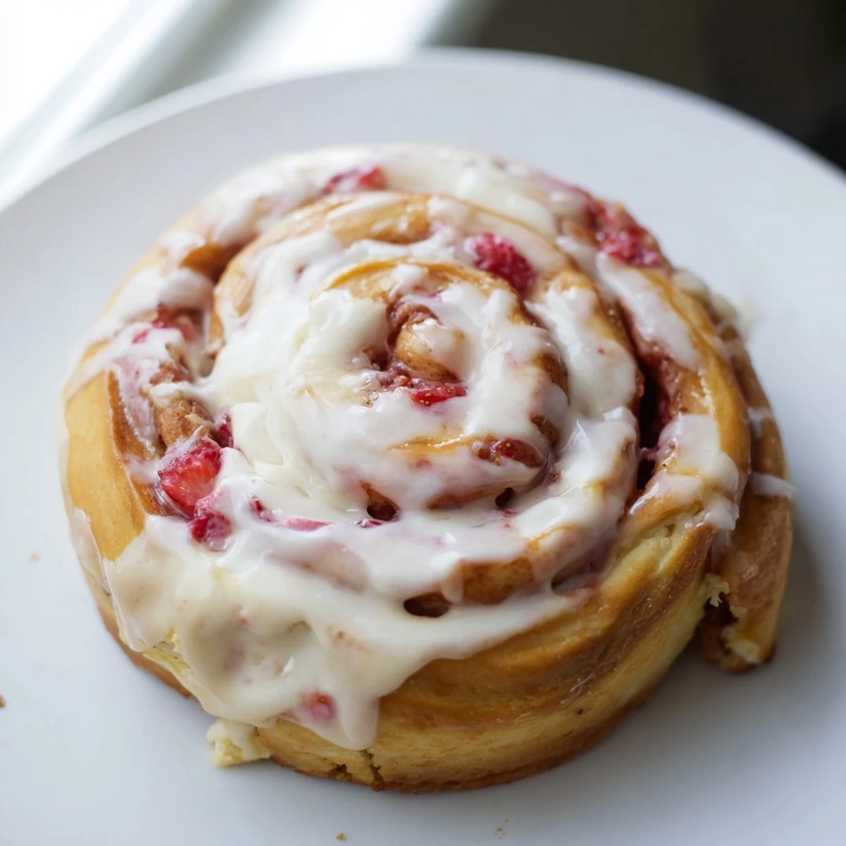 Golden Strawberry Cheesecake Cinnabon Rolls drizzled with creamy vanilla glaze on a rustic plate