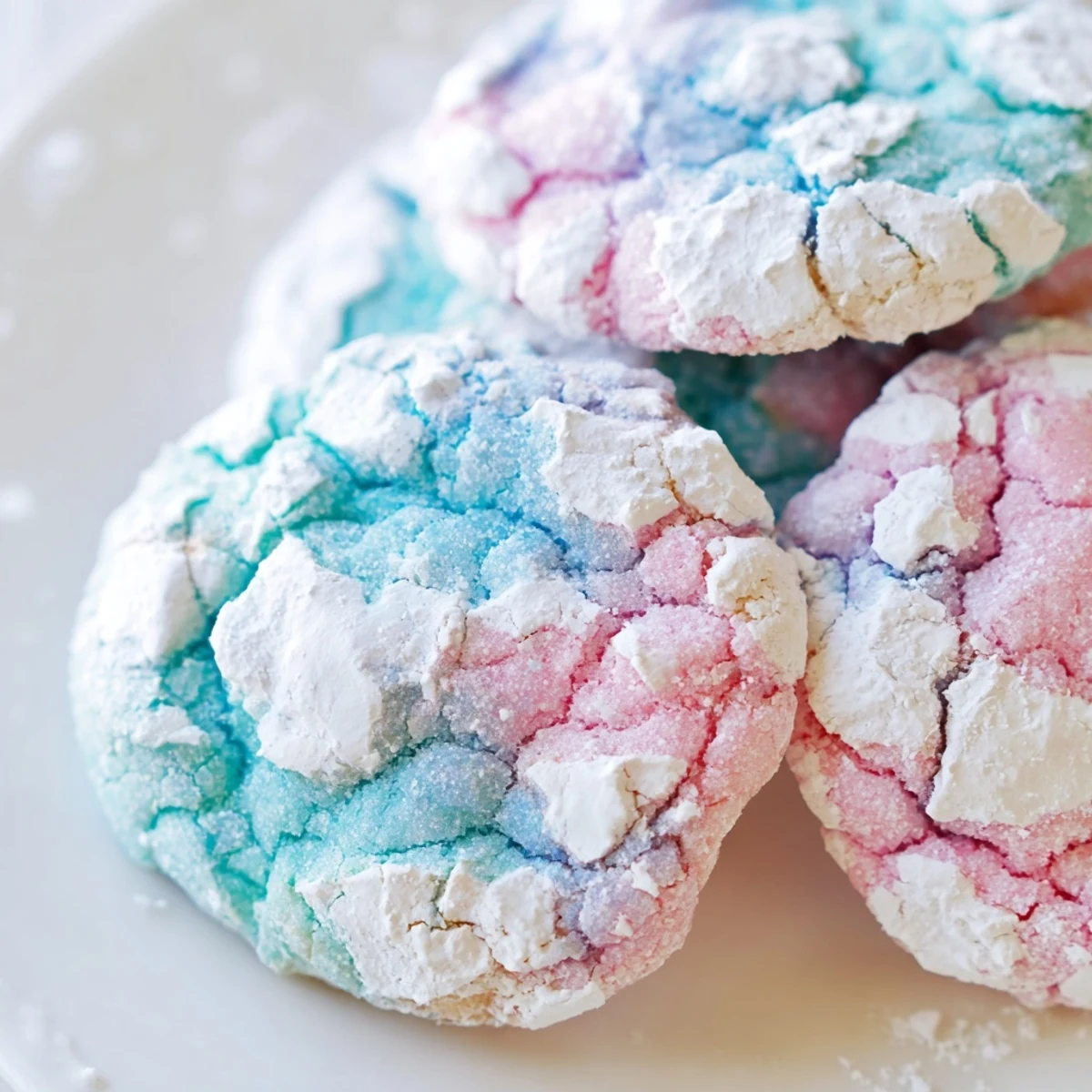 Soft pastel crinkle cookies with powdered sugar coating displayed on rustic white baking sheet