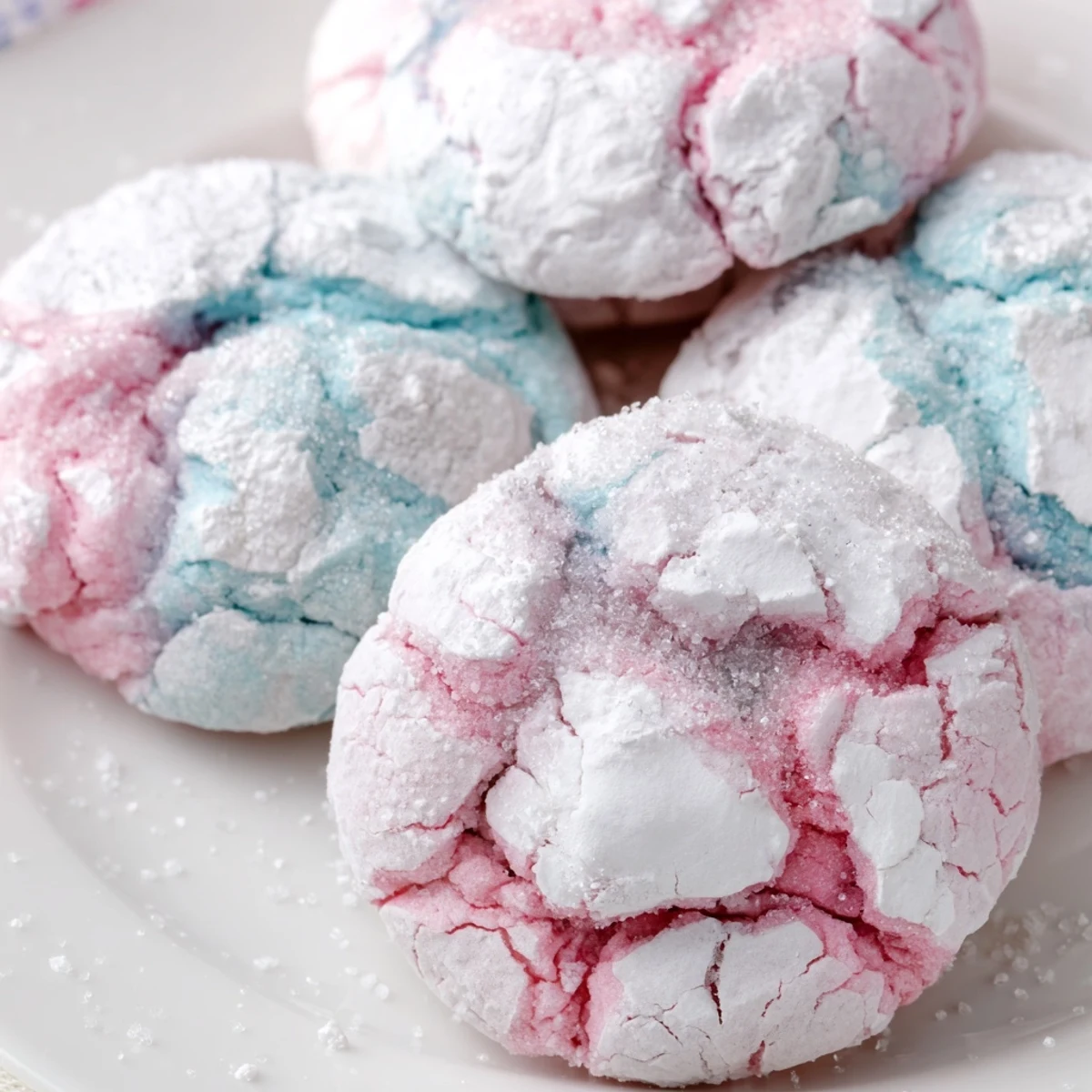 Chewy pastel crinkle cookies showing crackled surfaces dusted with snowy powdered sugar