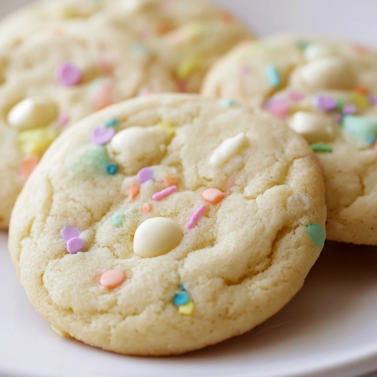 Soft pastel white chocolate cookies with colorful sprinkles on rustic wooden serving board