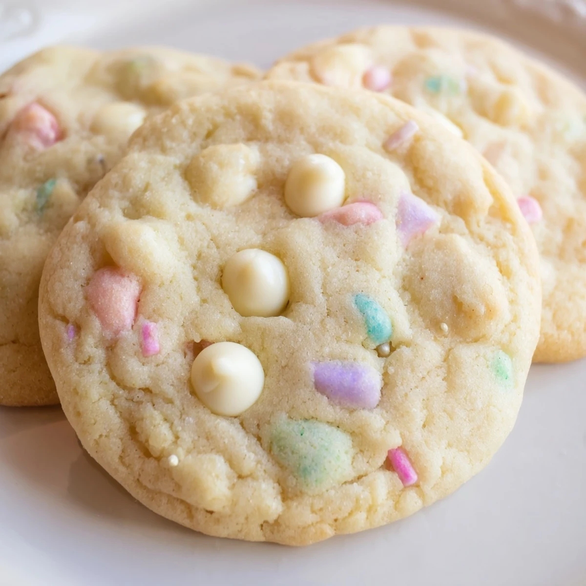 Chewy pastel white chocolate cookies studded with creamy chips and festive sprinkles