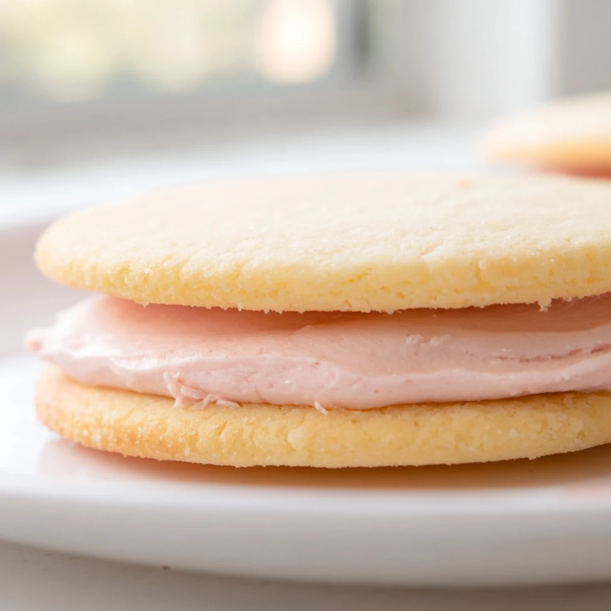 Soft Pastel Sugar Cookie Sandwiches arranged on a decorative plate with floral spring napkins