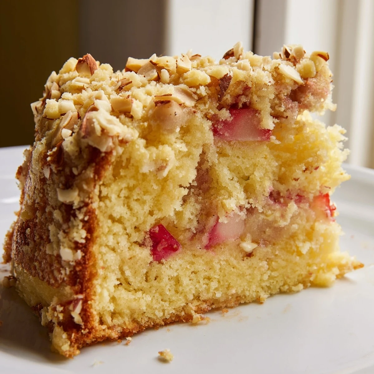 Golden spring baking treat with ruby rhubarb, strawberries, and almond streusel on tender lemon cake