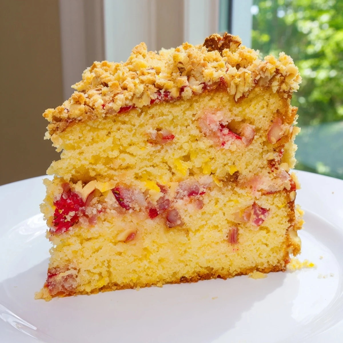 Spring baking treat slice revealing juicy strawberry rhubarb filling beneath buttery almond streusel crumbs