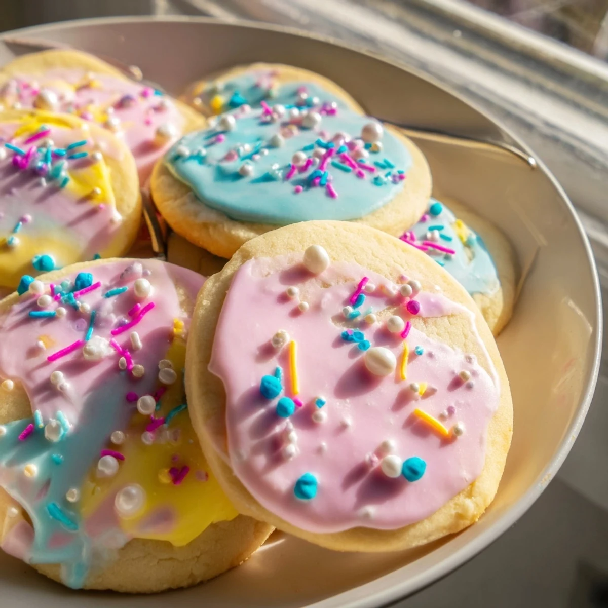 Soft Easter cookies decorated with pastel royal icing and colorful spring sprinkles