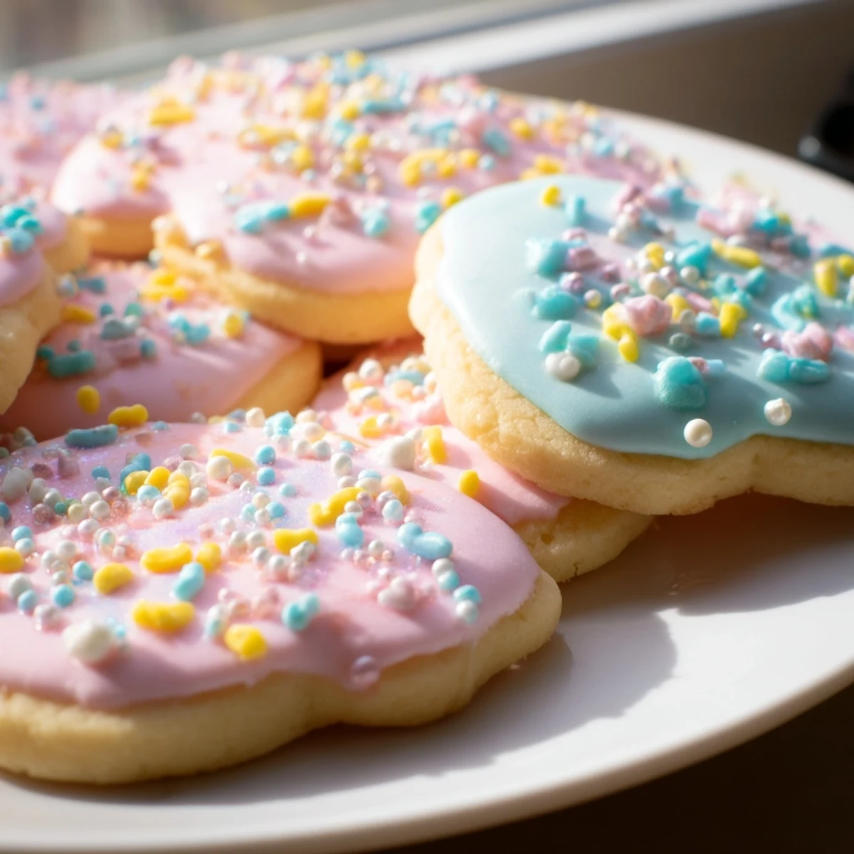 Buttery Easter cookies shaped like eggs and bunnies on a rustic serving tray