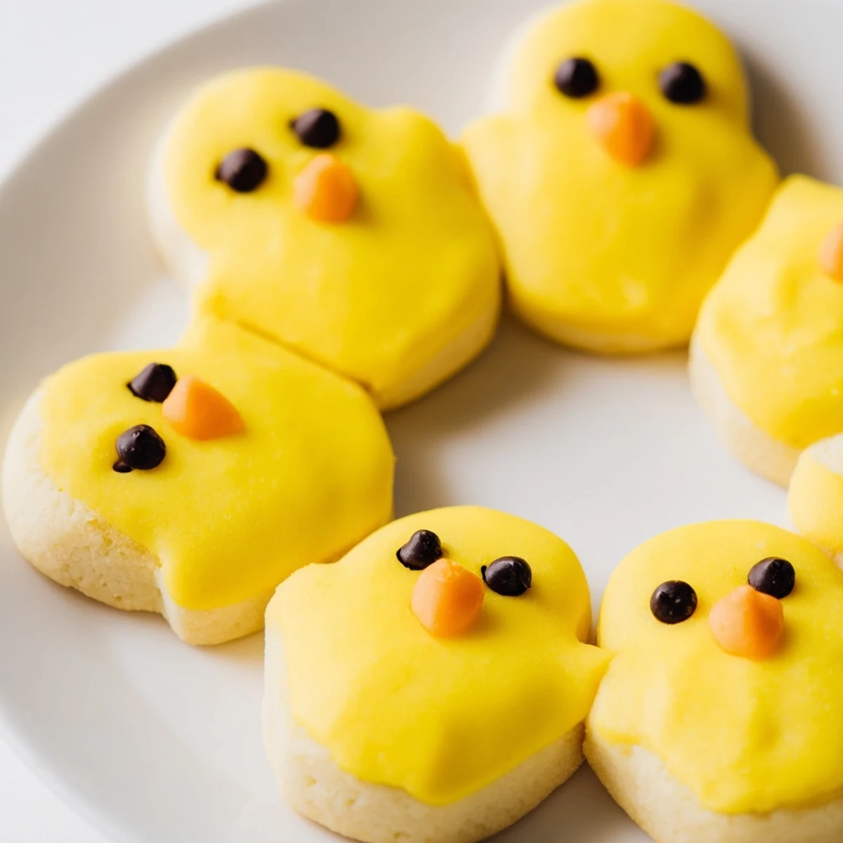 Adorable chick cookies with bright yellow frosting and cute faces arranged on a rustic serving tray