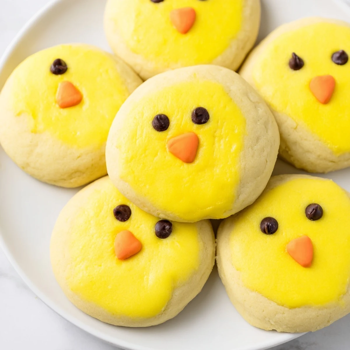 Homemade chick cookies featuring golden buttery texture and playful candy eyes on a white ceramic plate