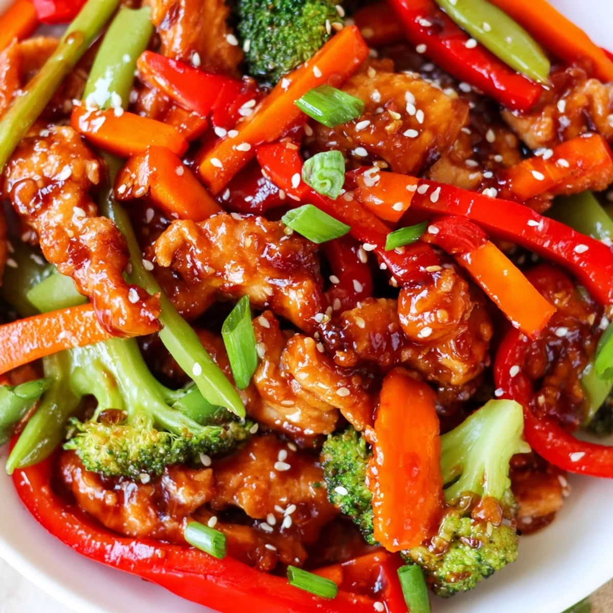 Sesame soy chicken stir fry in a wok with colorful crisp vegetables and glossy sauce