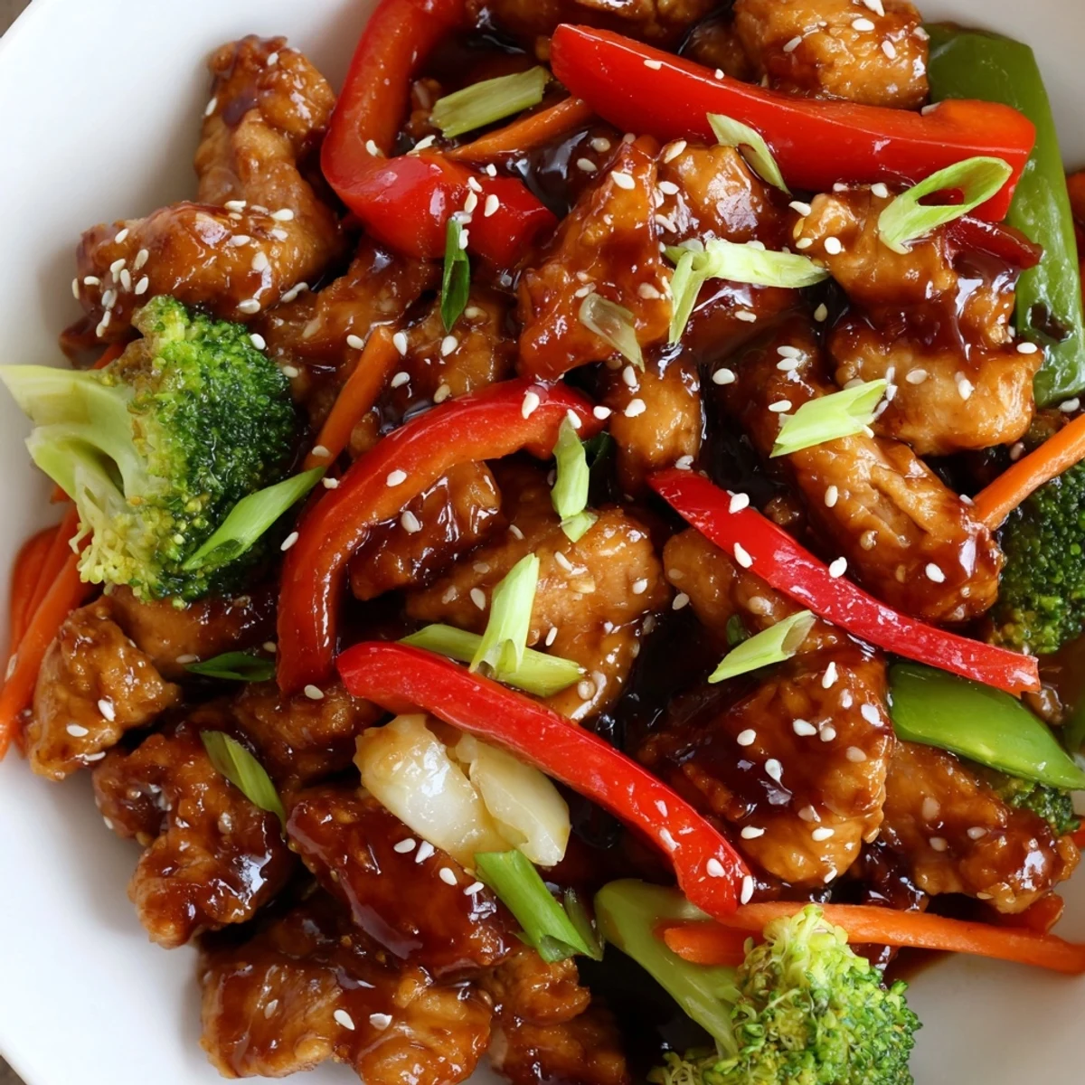 Tender sesame soy chicken stir fry topped with sesame seeds and fresh green onions
