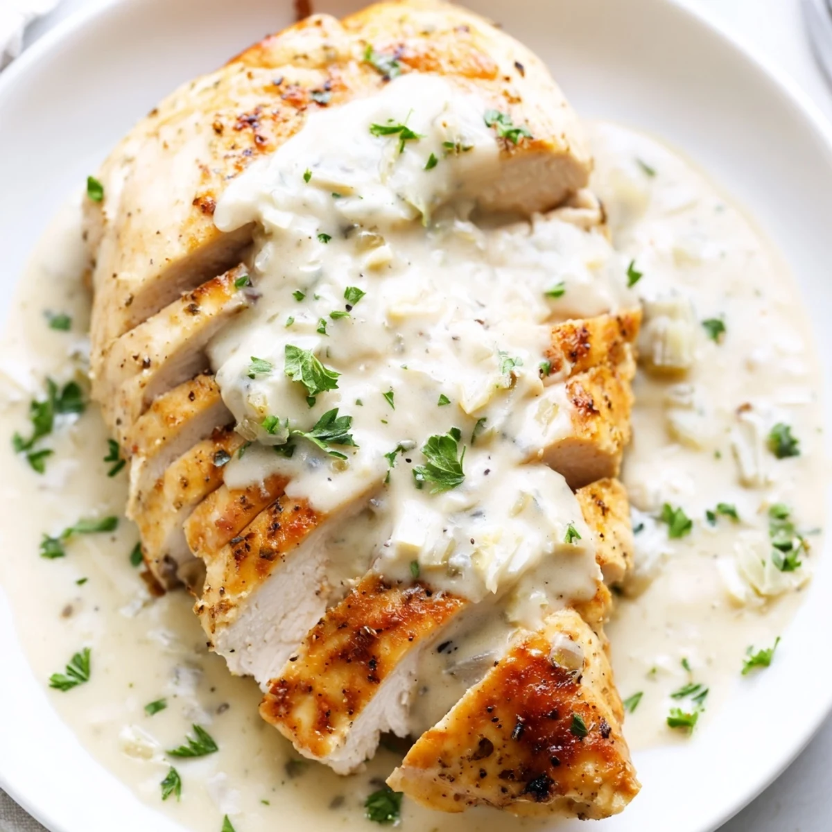 Creamy garlic chicken in velvety white sauce topped with fresh parsley garnish