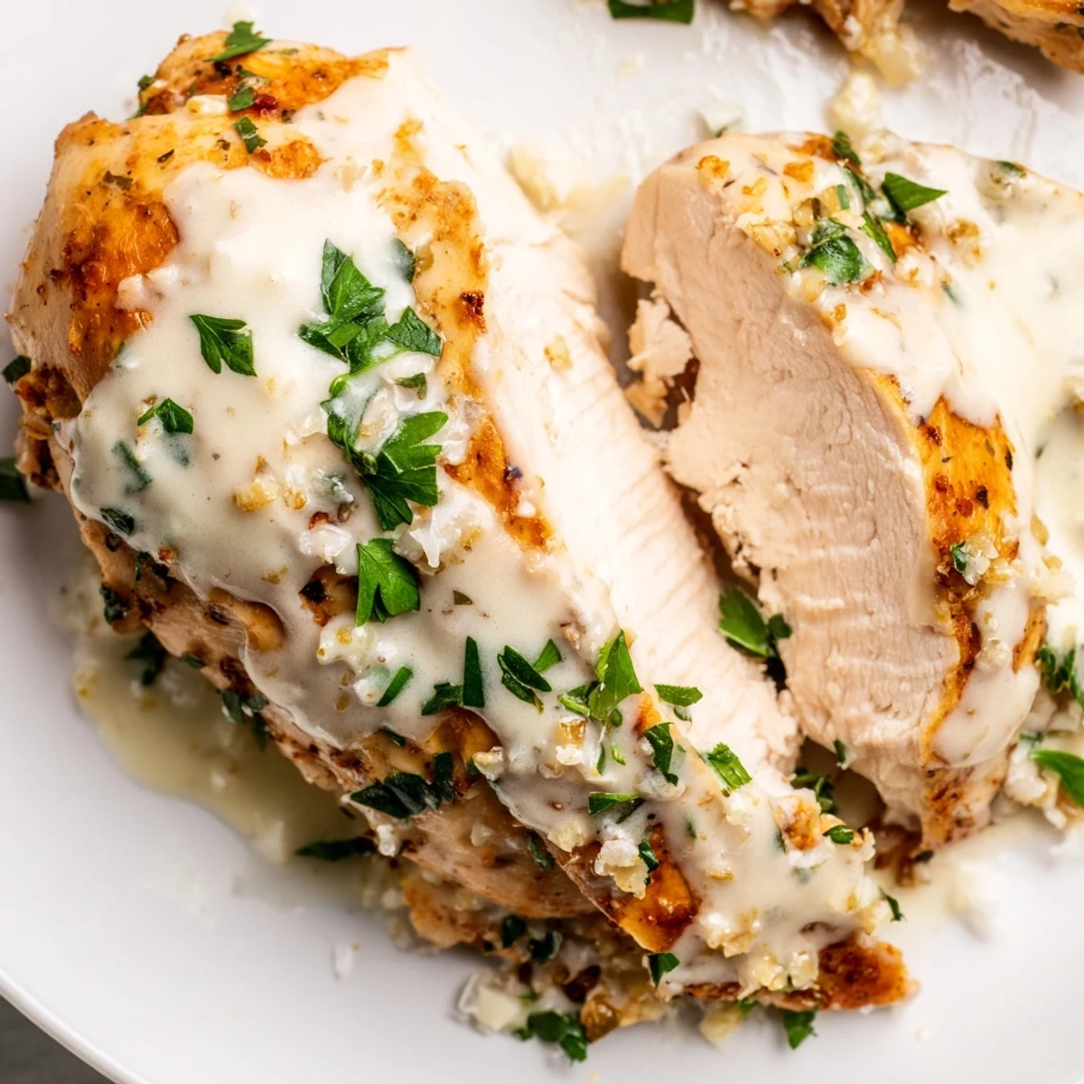 Golden seared creamy garlic chicken breasts smothered in rich Parmesan sauce
