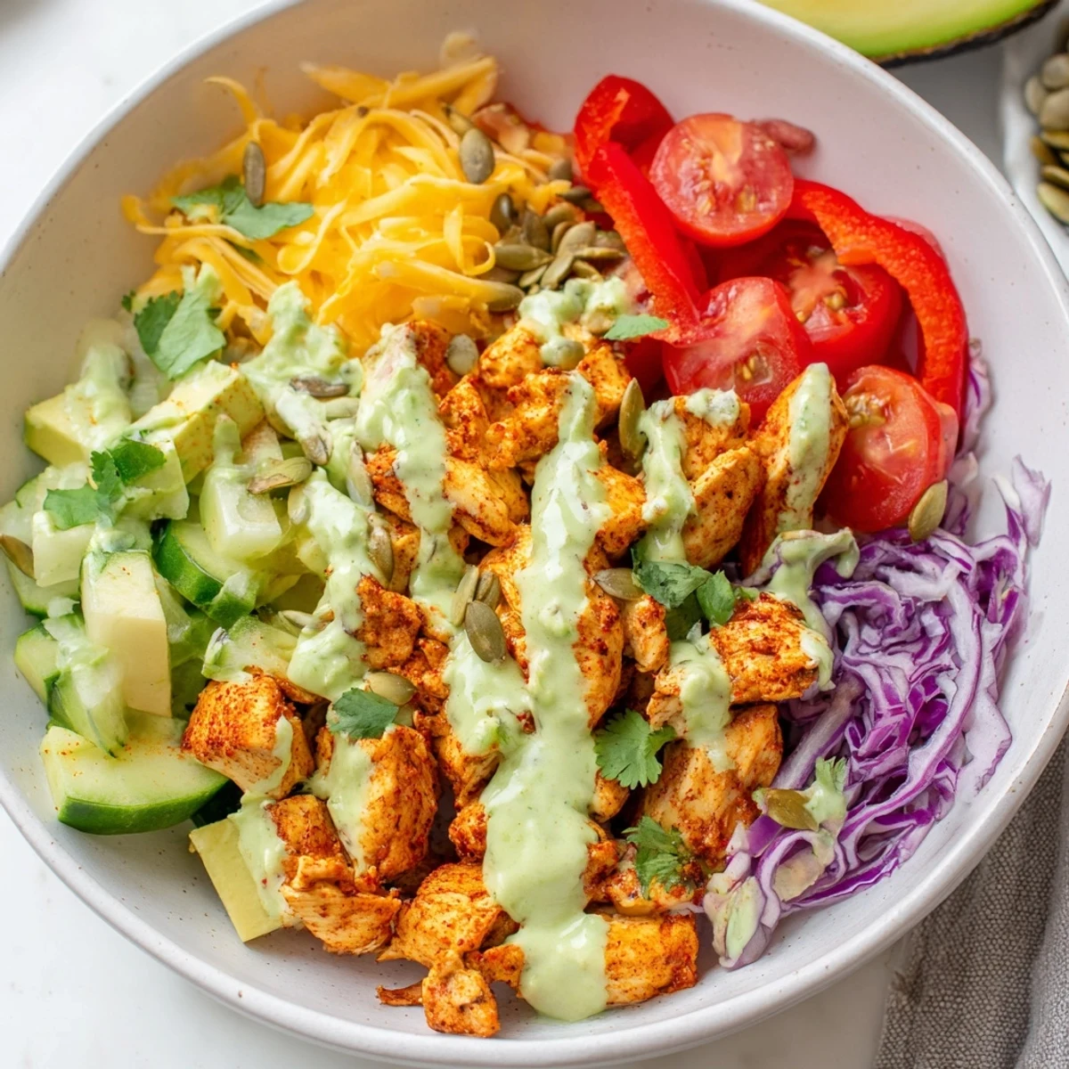 Colorful keto bowls loaded with fresh vegetables, seasoned chicken, and creamy avocado dressing
