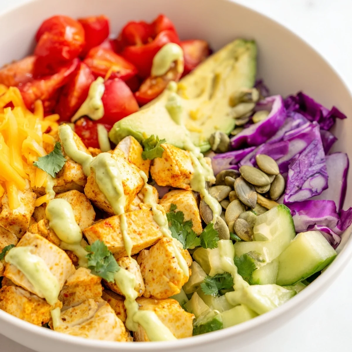 Keto bowls featuring crisp romaine, grilled chicken, and rich avocado dressing drizzle
