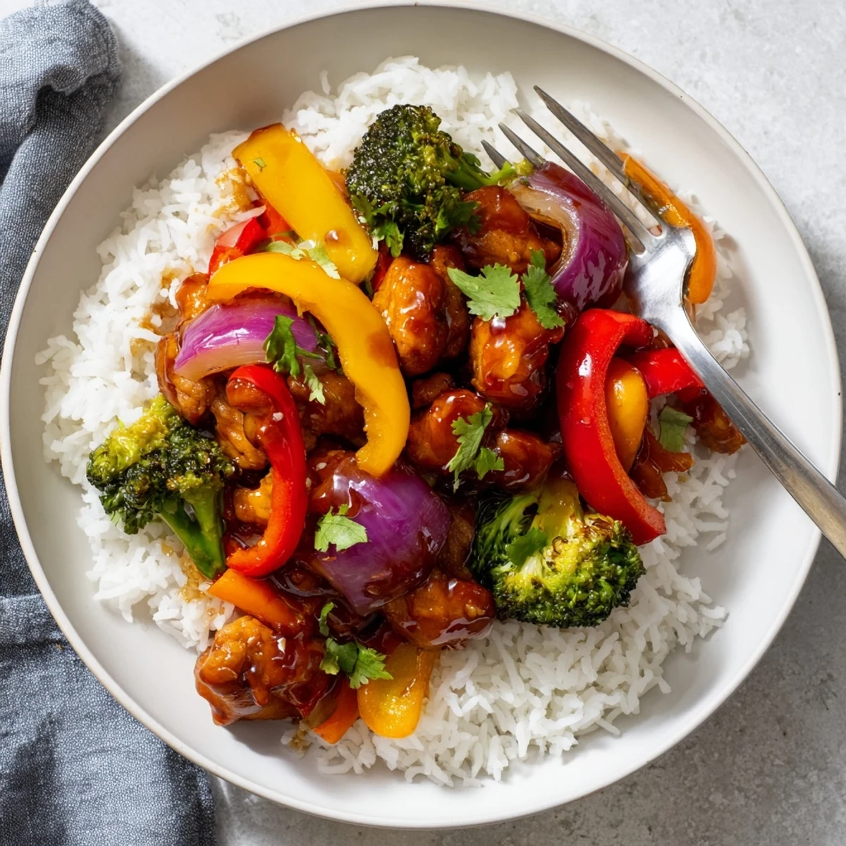 Colorful chicken and vegetable stir fry sizzling in a skillet with glossy sauce