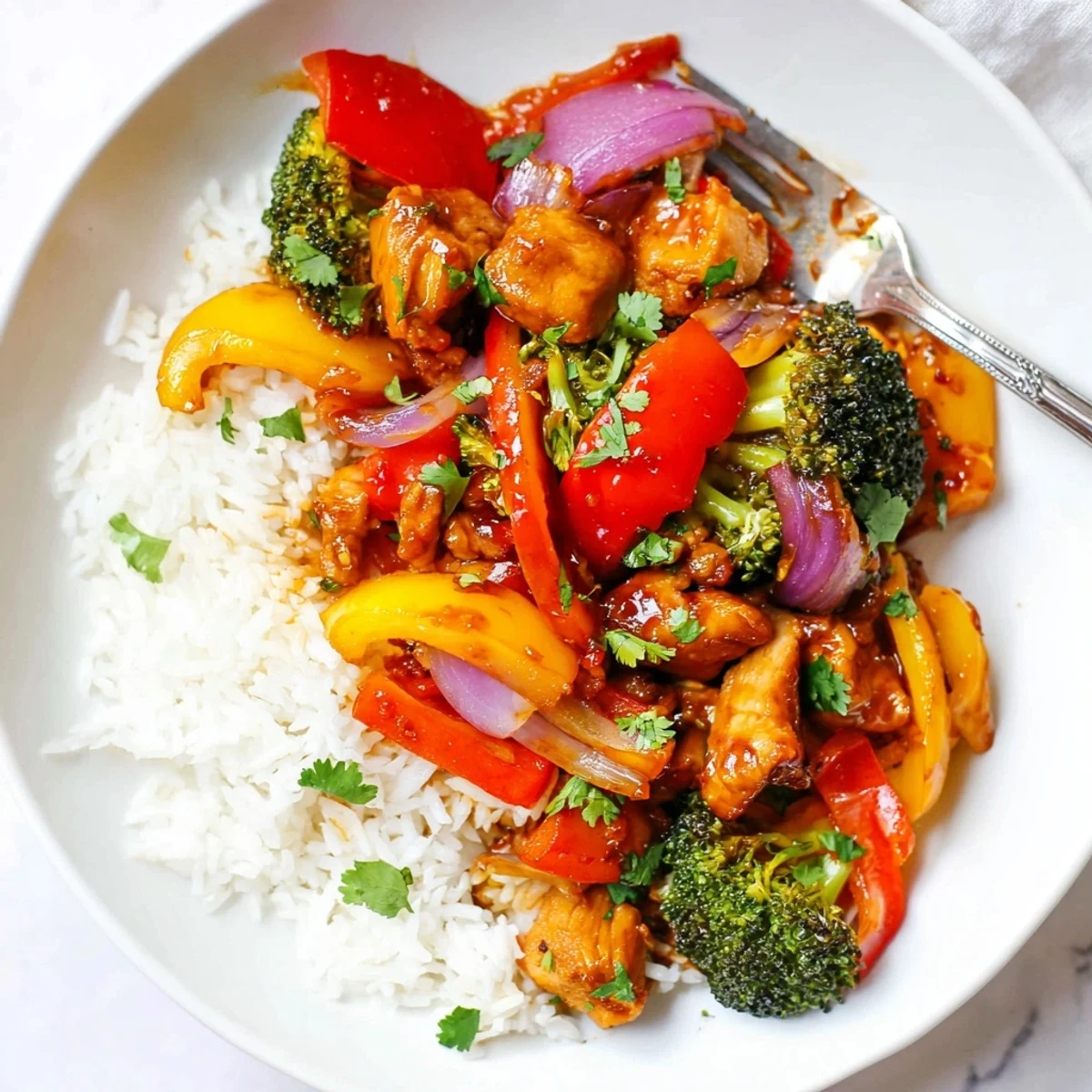 Quick flavorful weeknight meal served over fluffy steamed white rice with peppers