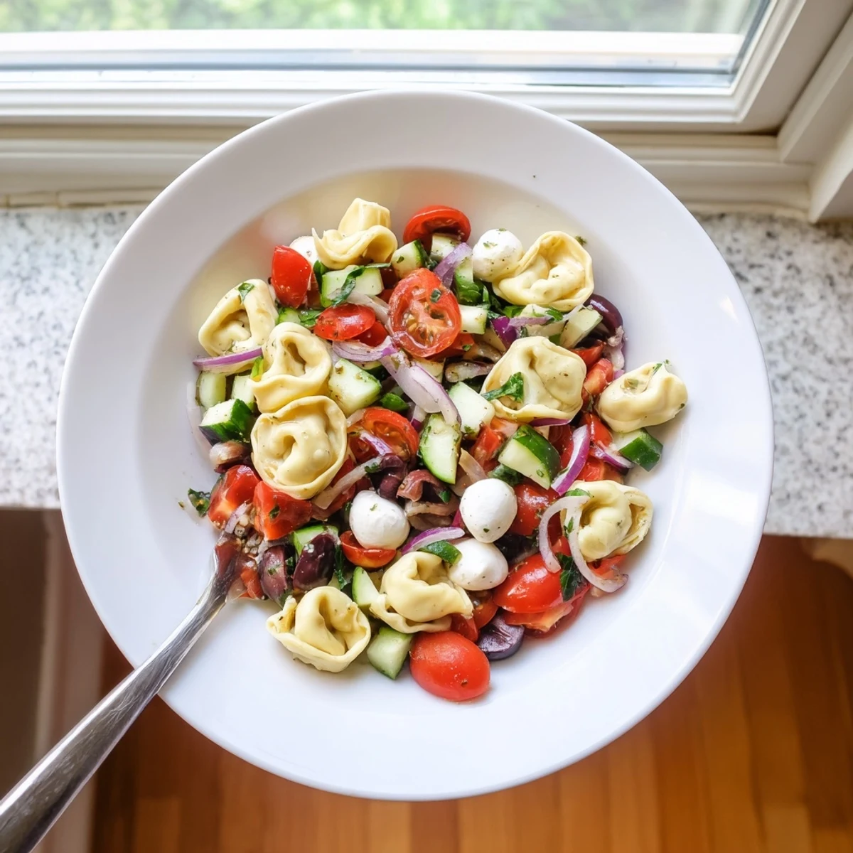 Colorful tortellini pasta salad with cherry tomatoes, cucumber, and zesty Italian dressing in a white bowl