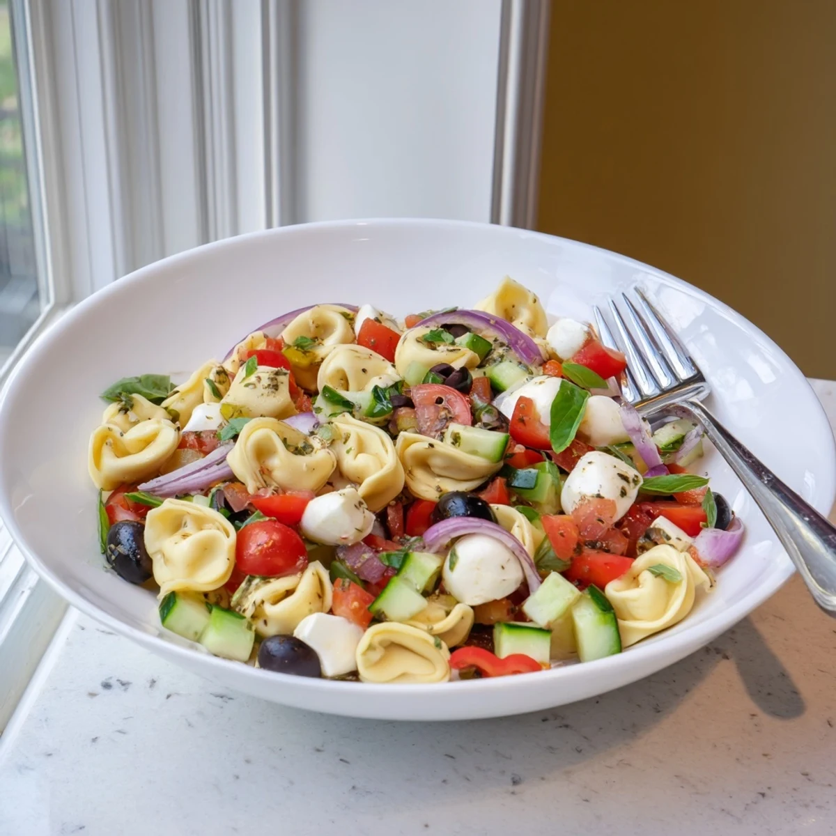 Creamy cheese tortellini pasta salad tossed with crisp vegetables and mozzarella balls for picnics