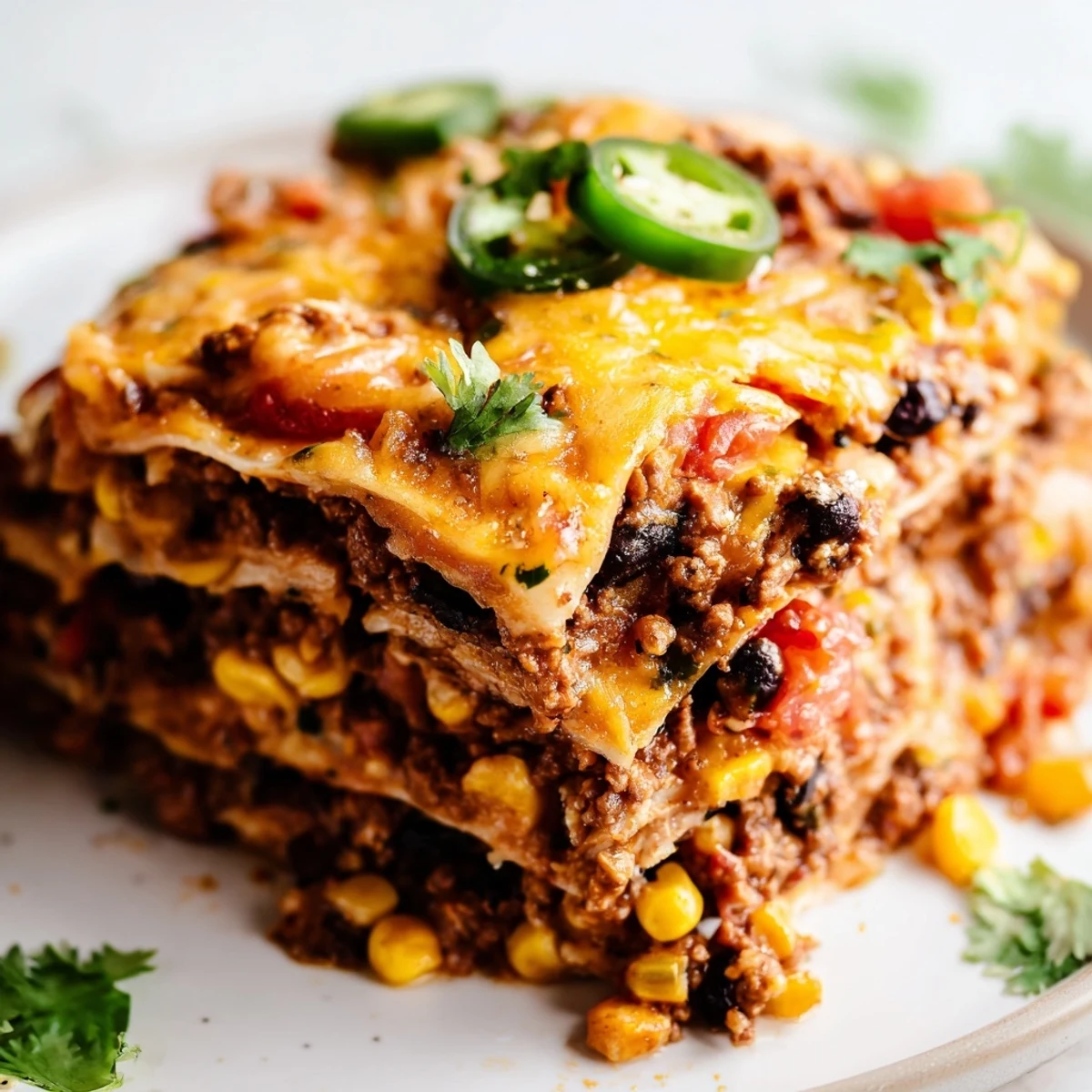 Golden melted cheese tops this Mexican lasagna with layers of seasoned beef and beans