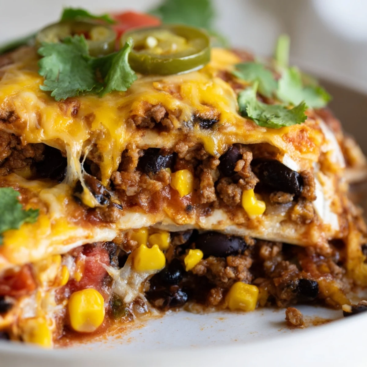 Warm Mexican lasagna fresh from oven with gooey cheese and colorful pepper filling