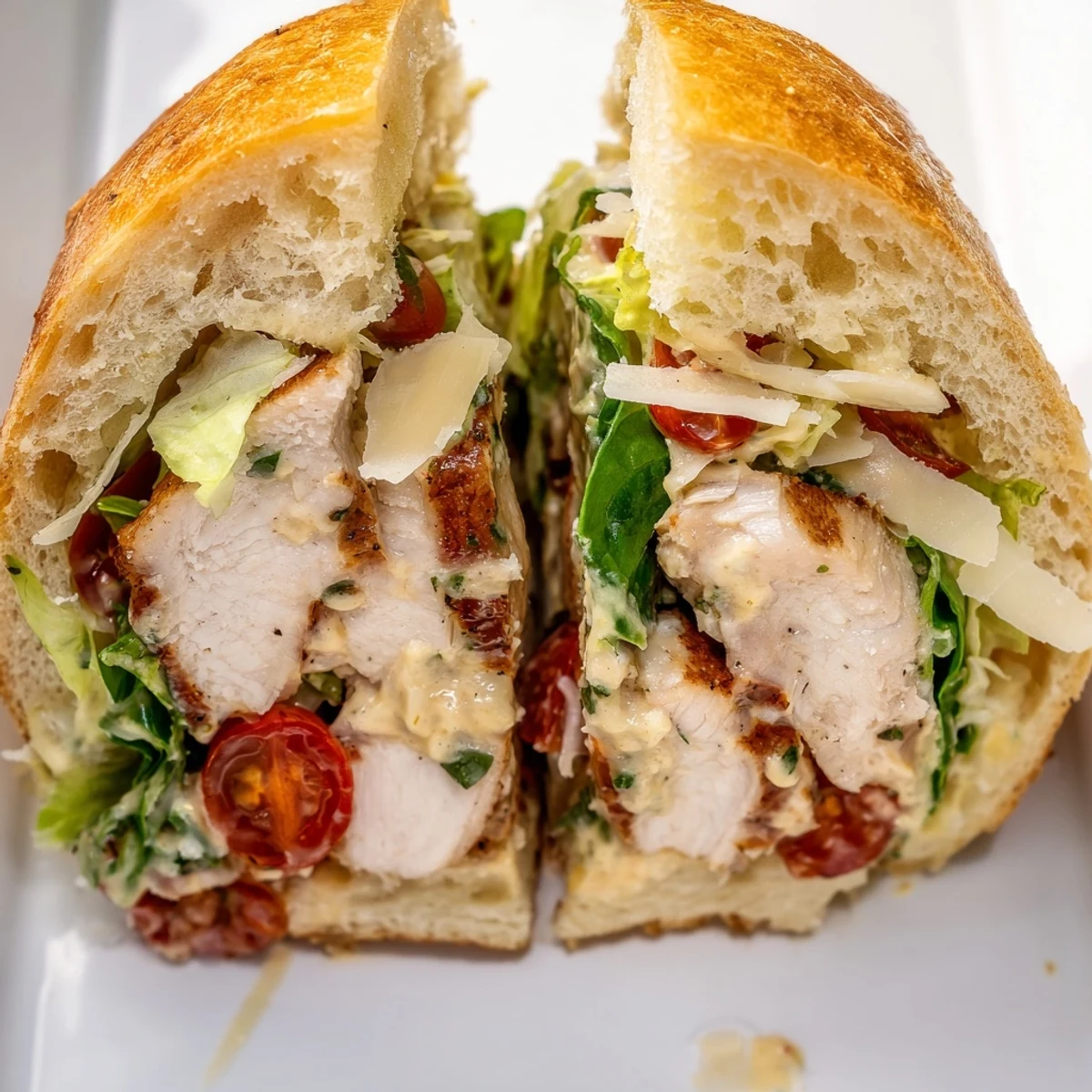 Juicy grilled Chicken Caesar Sandwich with crisp romaine and creamy dressing on golden toasted ciabatta