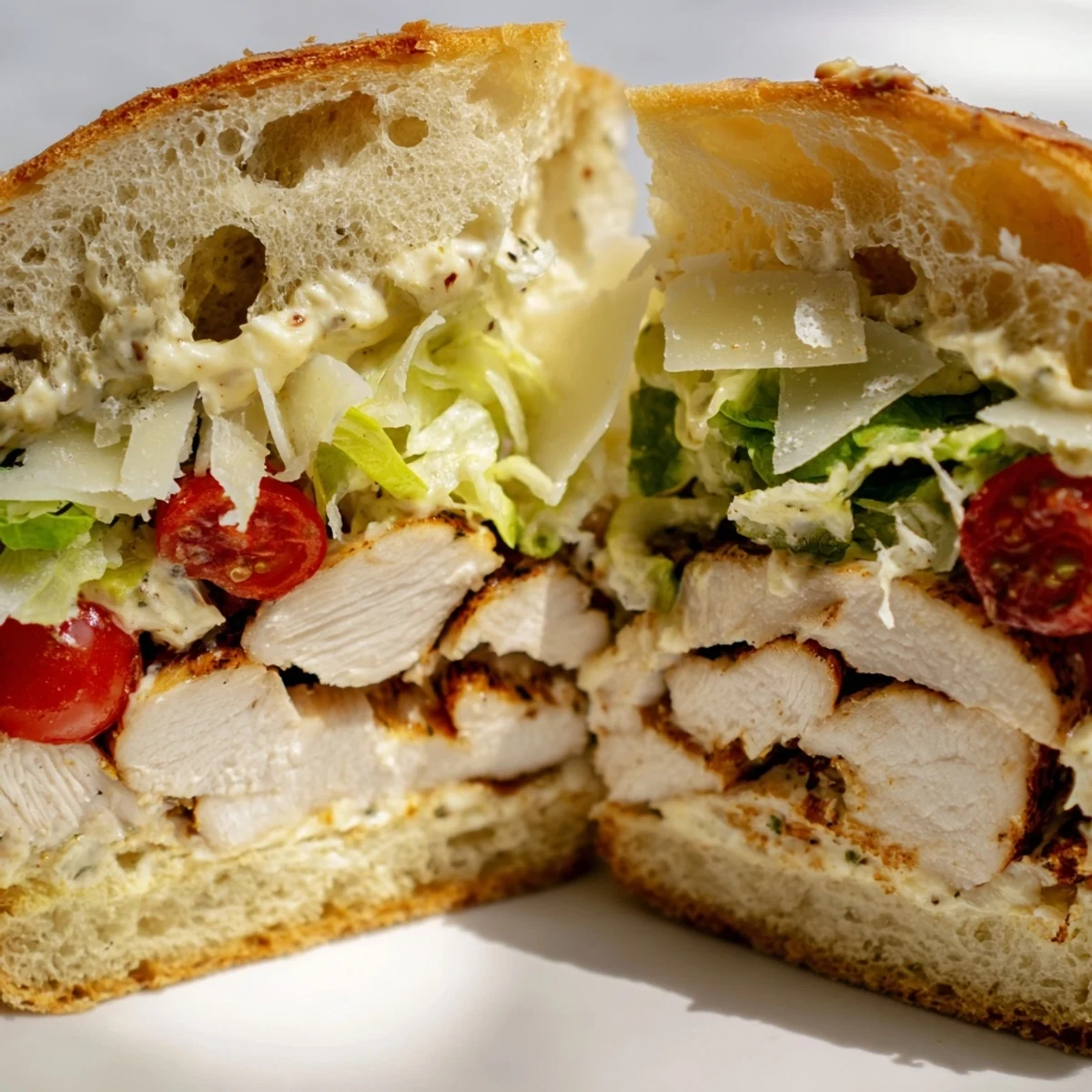 Toasted Chicken Caesar Sandwich piled high with shaved Parmesan, fresh lettuce, and tangy homemade dressing