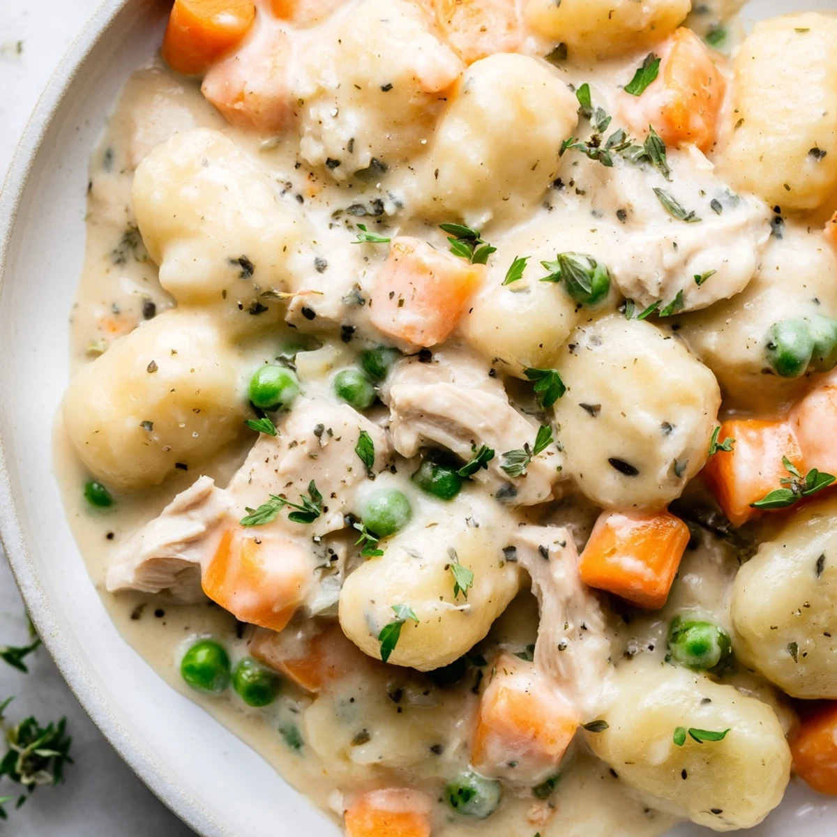 Creamy one pot gnocchi chicken pot pie with tender vegetables in golden savory sauce