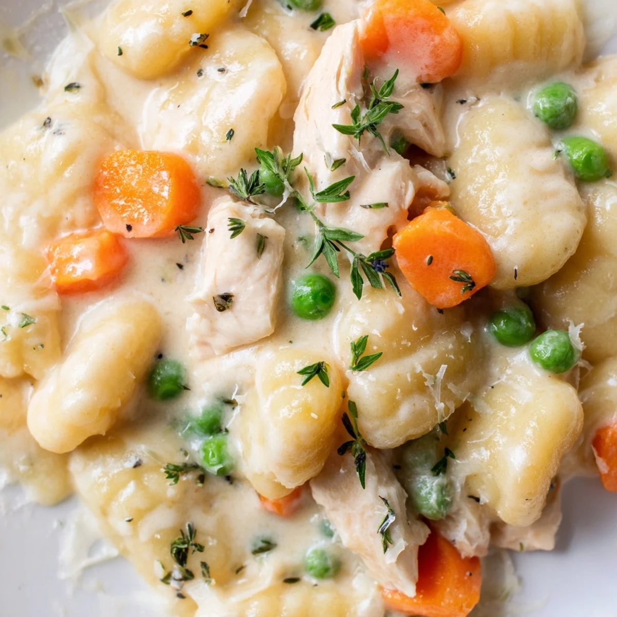 One pot gnocchi chicken pot pie topped with fresh parsley and parmesan cheese