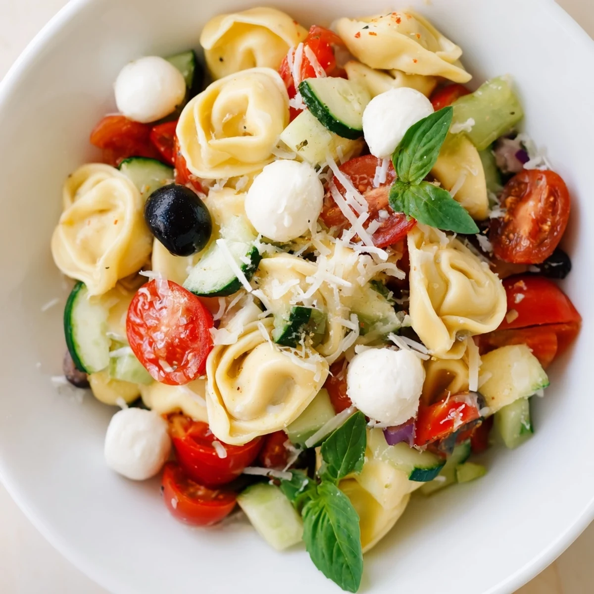 Colorful tortellini salad with cherry tomatoes, cucumber, and mozzarella tossed in zesty Italian dressing