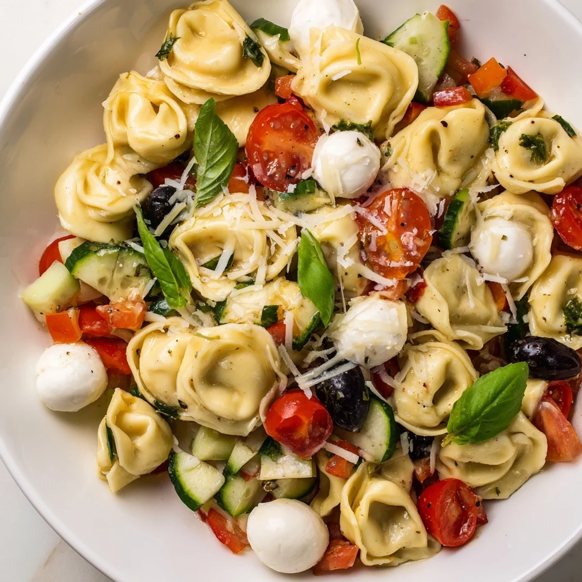 Creamy cheese tortellini salad loaded with crisp vegetables and fresh basil for summer picnics