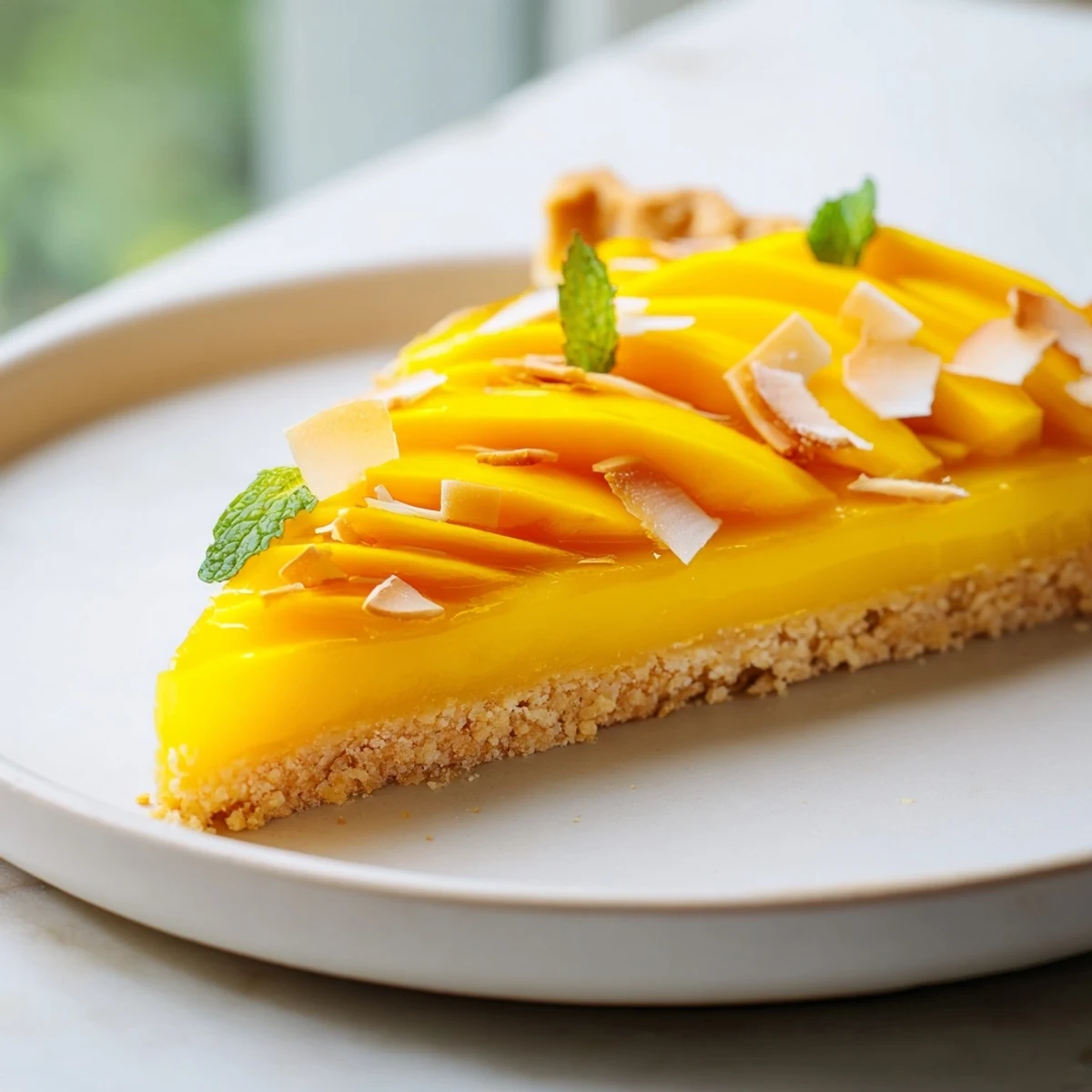 Golden Mango Curd Tart sliced and topped with fresh mango strips and mint leaves
